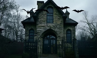 Wall Mural - Creepy house with bats flying around it. hyperrealistic Video