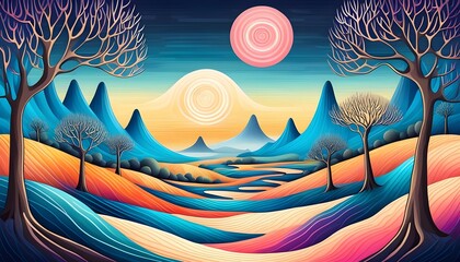 Whimsical Colorful Landscape with Fantastical Mountains and Lively Plant Life