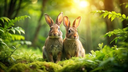 Wall Mural - Two Brown Rabbits Sit Side by Side in a Lush Forest with Sunlight Filtering Through the Canopy