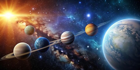 Wall Mural - a celestial tapestry of stars and planets, with a radiant sun illuminating the cosmos, showcasing th