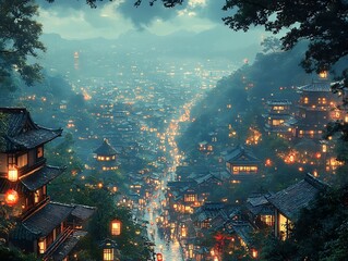 Nighttime aerial view of a traditional Asian city with glowing lanterns