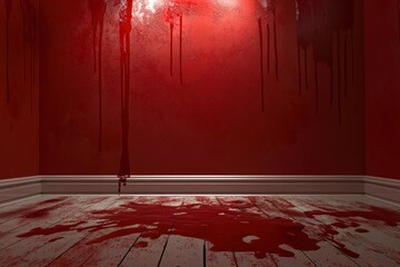 Red background, Scary bloody wall. white wall with blood splatter for halloween background - generative ai