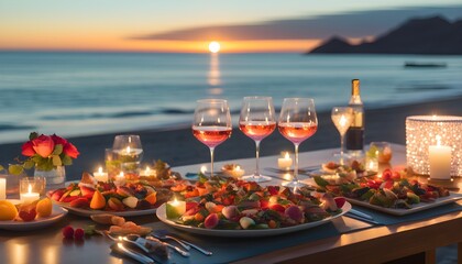 Intimate seaside dining experience with gourmet cuisine and rose wine under a stunning sunset