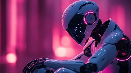 Sad robot with glowing pink lights in dark background, futuristic AI concept