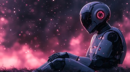 Poster - Lonely Robot Sitting in a Starry Field, AI, Artificial Intelligence, Android, Futuristic, Sci fi