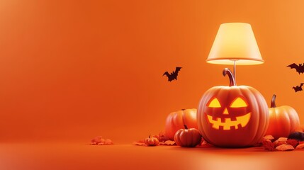 3D illustration holloween wallpaper with spooky pumpkin face, pumpkin lamp, orange background, illustration, happy holloween