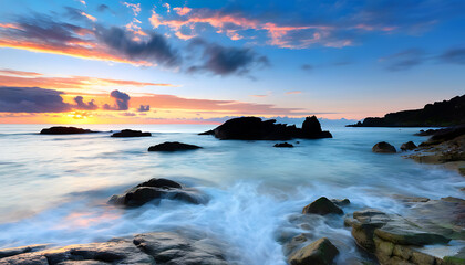 Wall Mural - Sunset glow reflects on the coast, creating a picturesque scene.