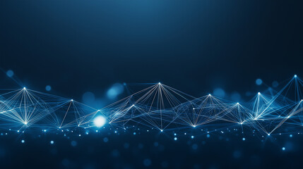 Wall Mural - An abstract digital network with glowing blue lines connecting bright nodes, set against a dark blue blurred background.