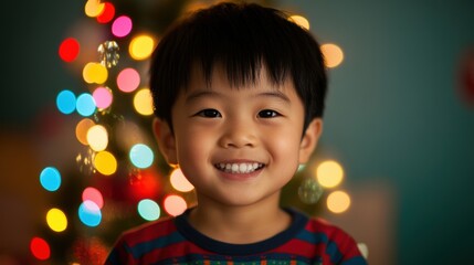 Sticker - A cheerful boy beams with happiness as he stands near a festive Christmas tree adorned with vibrant lights