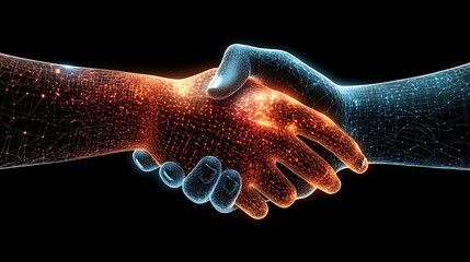 A futuristic interpretation of a handshake between two glowing wireframe hands, underscoring the importance of trust and partnership in the fastpaced world of digital innovation.