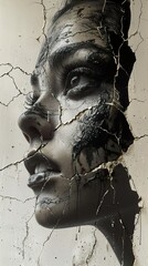 Canvas Print - Cracked Portrait: A Monochromatic Study of Expression