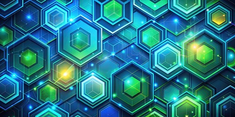 Vibrant abstract geometric pattern with bright blue and green hexagons, intricate shapes, and sleek lines creates a modern, futuristic, and high-tech wallpaper design background.