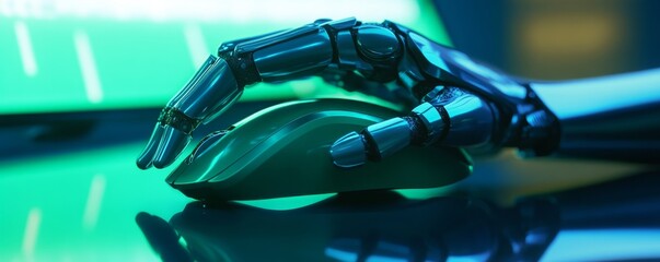 Poster - robotic hand holding a computer mouse in neon light, futuristic technology concept