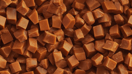 Wall Mural - a close-up, top-down view of diced caramel chocolate spread across the entire frame, filling the image with its golden-brown color and smooth texture in irregular pieces