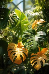 Poster - Lush, tropical leaves create a vibrant display as sunlight pours through, highlighting the intricate patterns in shades of green and yellow