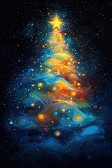 Fototapete - This artwork features a beautifully abstract Christmas tree illuminated with bright colors and lights, set against a dark, starry backdrop, creating a magical holiday atmosphere