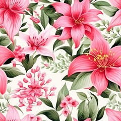 Poster - A vibrant array of pink flowers in various types and sizes, surrounded by lush green leaves, creating a lively and fresh atmosphere perfect for any spring or summer decor