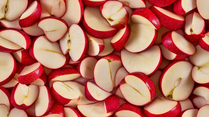 Wall Mural - a close-up, top-down view of sliced apples spread across the entire frame, filling the image with their crisp red and green colors in thin, uniform slices