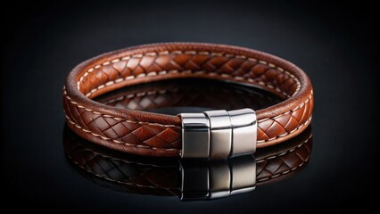 Brown leather bracelet isolated on a black background, accessory, fashion, wrist, trendy, stylish, jewelry, bracelet, close-up