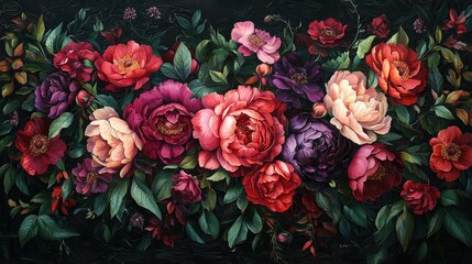 Poster - A stunning display of various peonies and roses blooms in vibrant shades of red, pink, and purple, surrounded by lush green leaves in a dark setting