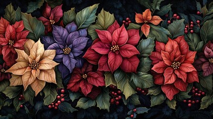 Poster - Christmas display of poinsettias in shades of red, purple, and yellow, set among lush green leaves and dotted with red berries creates a festive atmosphere