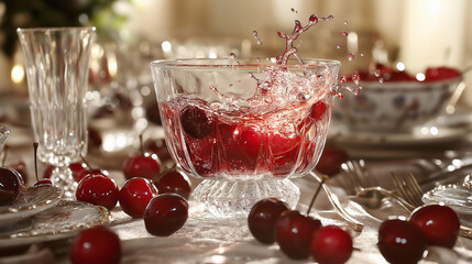 Wall Mural - a luxurious display of freshly poured tart cherry juice in a crystal glass, showcasing its deep red hue with an exquisite splash effect