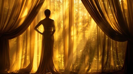 Silhouette of a Woman Behind Golden Curtains