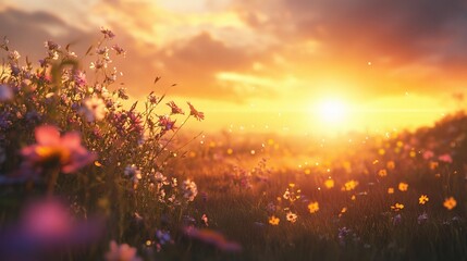 Wall Mural - Vibrant Sunset Over a Flower-filled Meadow