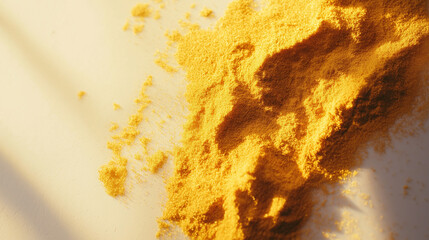 turmeric powder with bright golden-yellow hues, lightly scattered on a white background