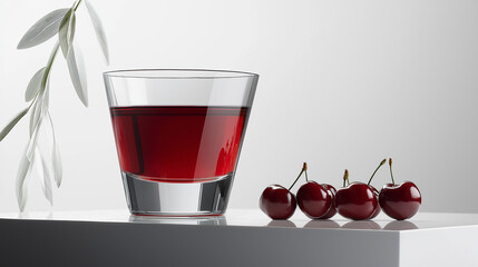 Wall Mural - a sleek and stylish arrangement of freshly poured tart cherry juice in a contemporary glass, showcasing its rich, deep red color