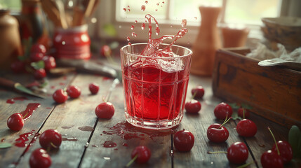 Wall Mural - an enchanting vintage-style arrangement of freshly poured tart cherry juice in an antique glass, featuring a captivating splash that draws the eye