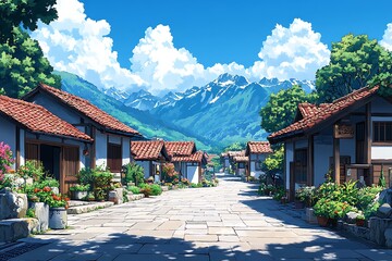 Wall Mural - Anime Style Village Landscape with Mountain Background