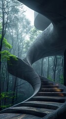 Canvas Print - Modern Concrete Staircase in a Foggy Forest