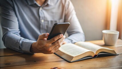 bible study with a smartphone a person using a smartphone to read and study the bible , technology, 