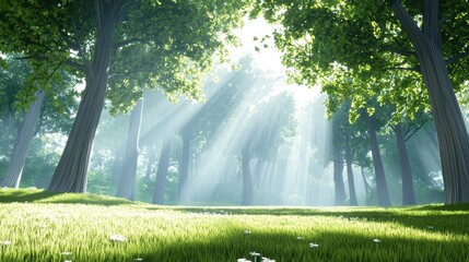 Serene Forest with Sunlight Streaming Through Trees