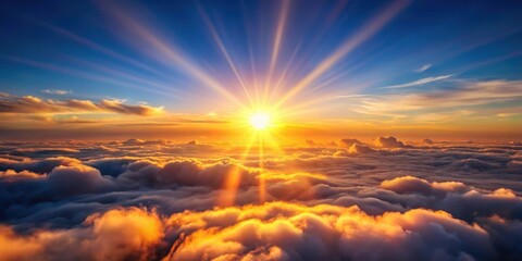 of a sunset sun ray above clouds , sunset, sun ray, above clouds,sky, clouds, orange, yellow, heaven, peaceful, beautiful