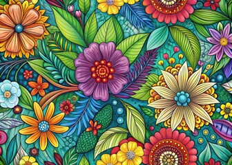 Vibrant flowers and foliage swirl together in an intricate, abstract design, inviting relaxation and creativity with this beautiful, downloadable adult colouring page template.