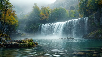 Poster - Serene Waterfall in a Misty Forest Landscape