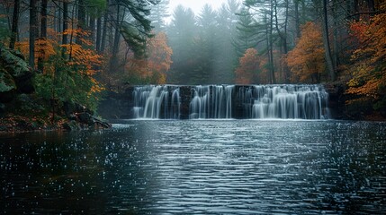 Canvas Print - Autumn Waterfall in a Misty Forest - Tranquil Nature Photography