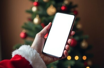 A hand holding a blank smartphone in front of a decorated Christmas tree with lights and ornaments in a cozy setting