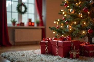 Cozy holiday living room with a decorated Christmas tree and gift boxes, showcasing festive cheer and warm decorations