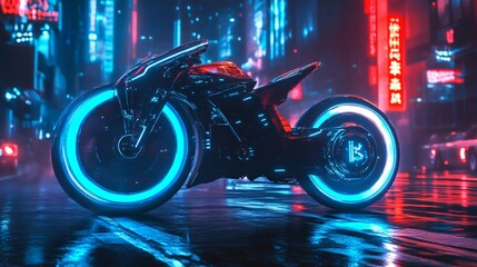 Wall Mural - Futuristic motorcycle with blue neon lights parked on a city street.