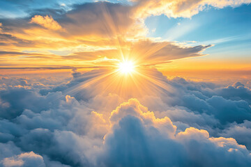 cloudscape with sunrise under blue sky, heavenly atmosphere, fluffy clouds with light rays in yellow and orange colors, photorealistic