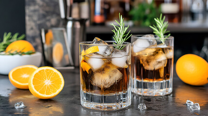 two glasses of Cuba Libre cocktail with ice cubes and lemon on bar counter, Mixed drinks on counter. Whiskey-cola, cuba libre cold drinks with rosemary and orange slices