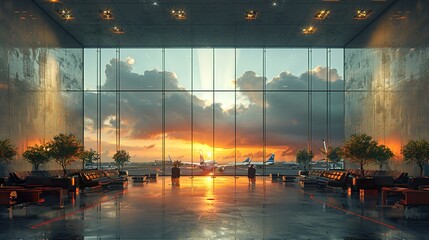 Canvas Print - Modern Airport Lounge with Sunset View