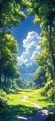 Wall Mural - Forest path leading to mountains with bright blue sky and fluffy clouds, scenic nature background