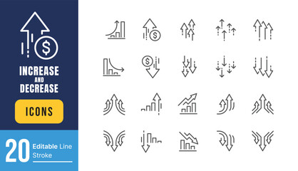 Set of Increase and Decrease Related Vector Line Icons. Contains such Icons as Finance Chart, Abstract Graph, Trend and more. Editable Stroke.