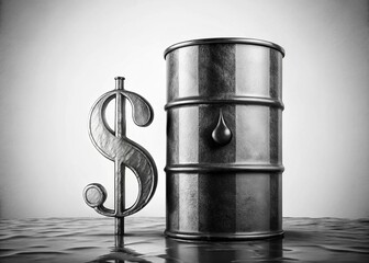 A monochrome drawing of an oil barrel, featuring a dollar sign and oil dripping down, representing the intertwining of finance and natural resources.