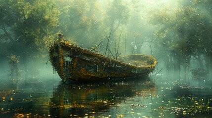 Wall Mural - Mystical Forest Landscape with Abandoned Boat