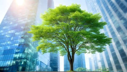 Wall Mural - Natures Resilience: A Vibrant Tree Thriving Amongst Urban Skyscrapers